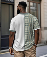 Men's Plus Size Daily Casual Green Stitching Diamond Print Henry Collar Button Short Sleeve T-Shirt